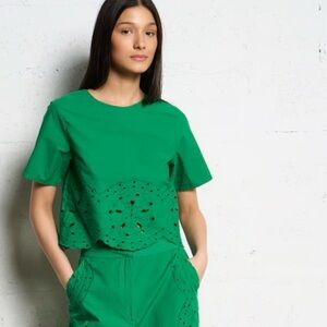 Green Eyelet Two-Piece Top and Pants Set